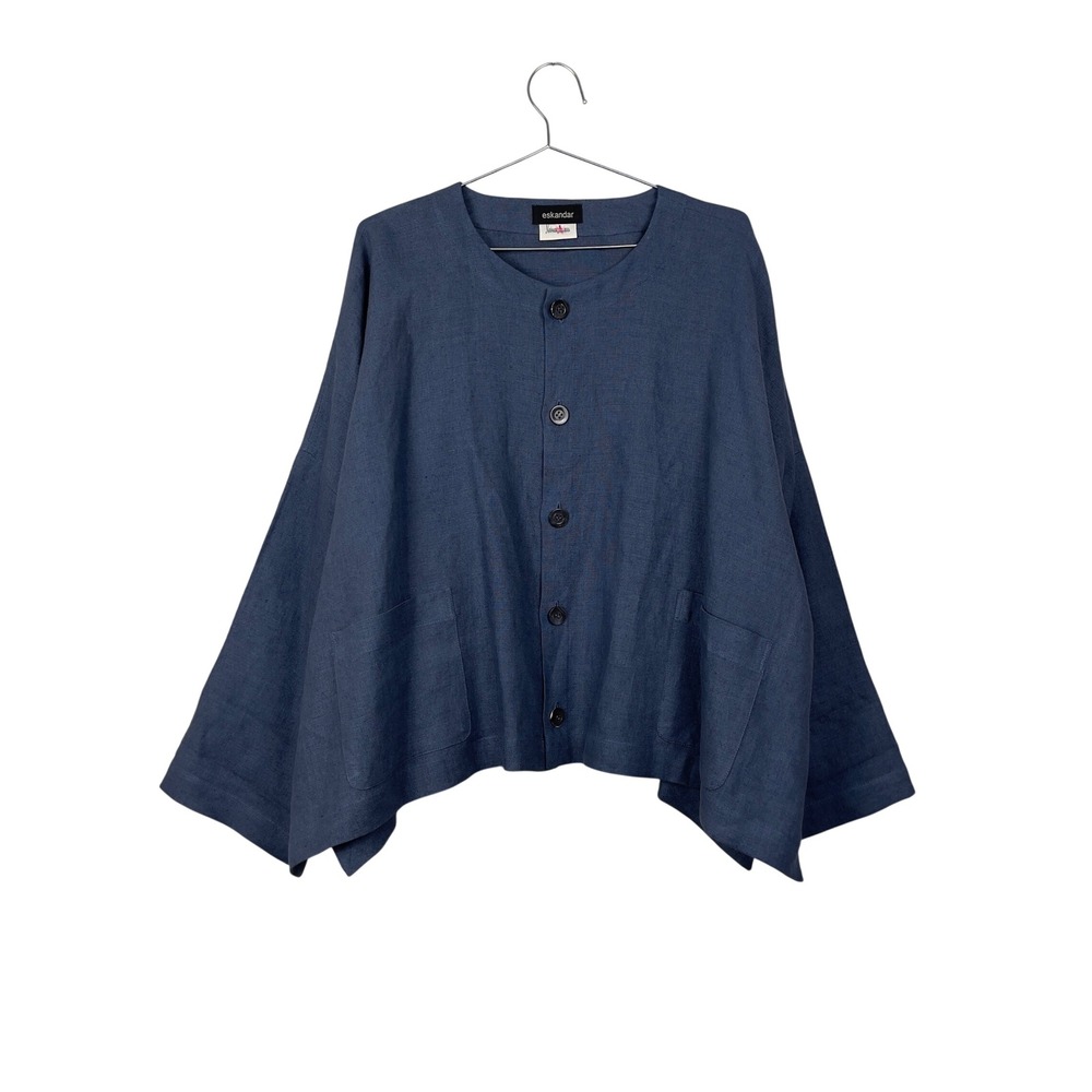 Eskandar Linen Button Front Boxy Jacket Blue 1 Lagenlook Oversized Neiman Marcus
